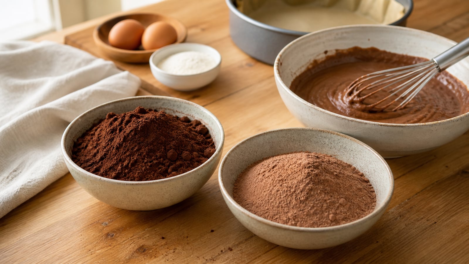 Twee verschillende cacaopoeders naast cakebeslag op een baktafel