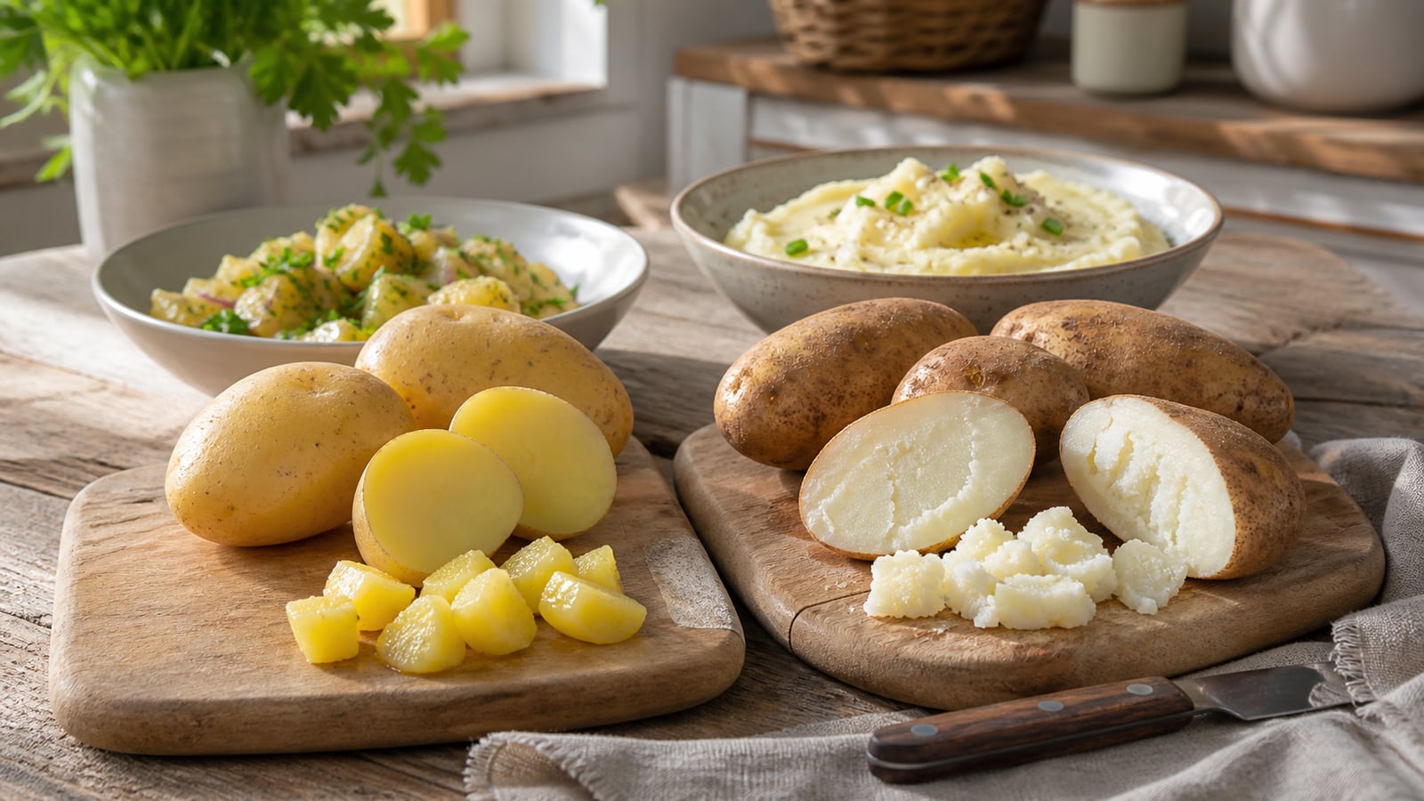 Vastkokende en kruimige aardappelen naast elkaar vergeleken