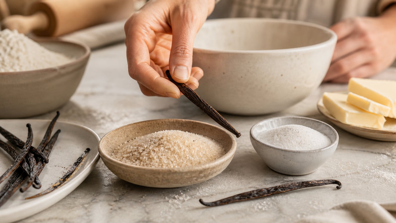 Vanillestokjes en verschillende suikerkorrels op een baktafel