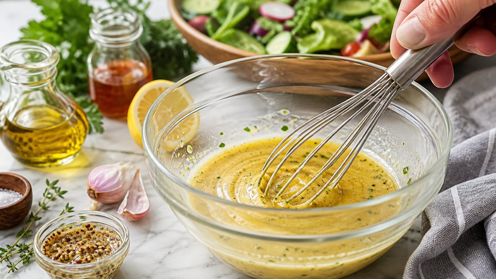Gladde vinaigrette-emulsie wordt met een garde gemengd