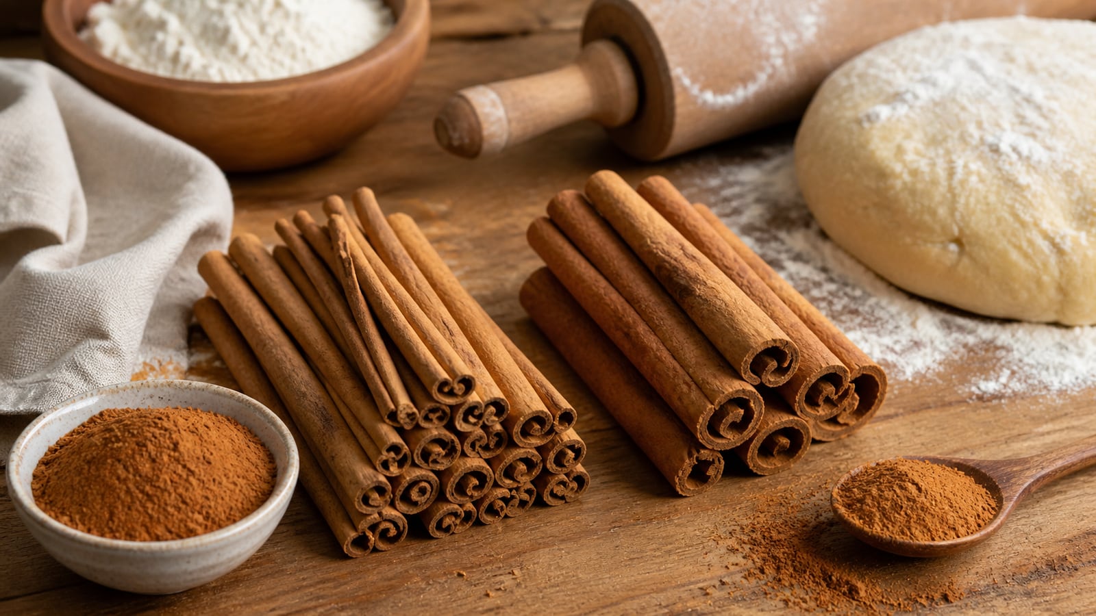 Ceylon- en cassiakaneel naast elkaar met bakingrediënten